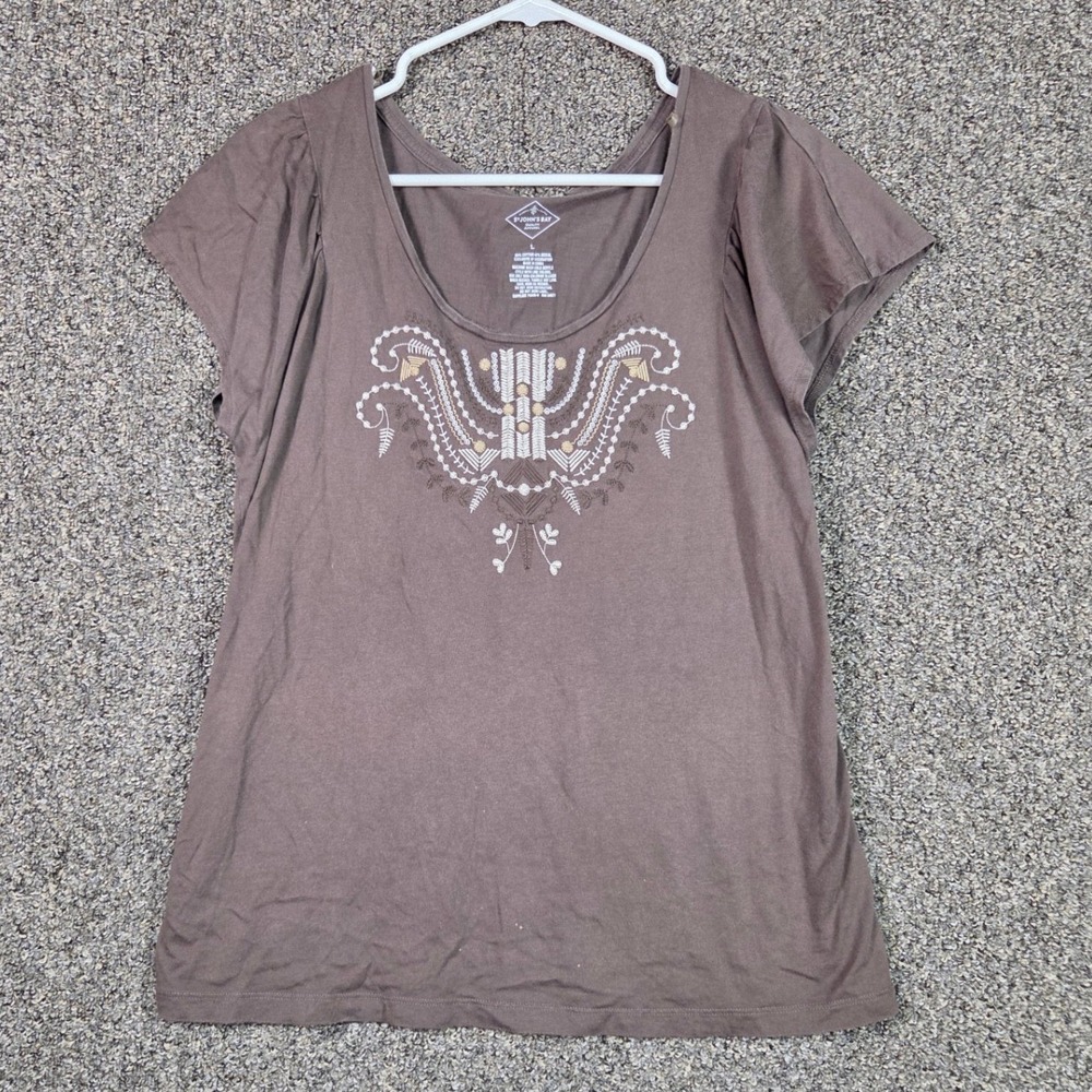 St. Johns Bay T-Shirt Womens Large Brown‎ Embroidered Flutter Sleeve Scoop Neck
